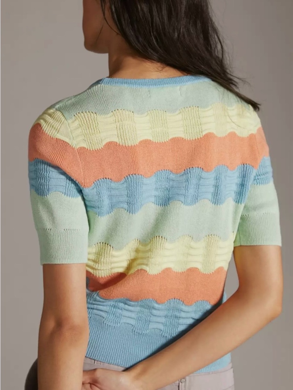 Anthropologie Colorblocked Novelty-Stitch Scalloped Striped Wave Tee Womens M - Picture 11 of 16
